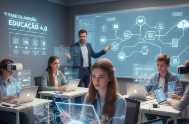 Jovem estudante assistindo a uma aula online em um laptop, com cadernos e materiais de estudo espalhados em uma mesa, representando o ensino a distância ou home office.