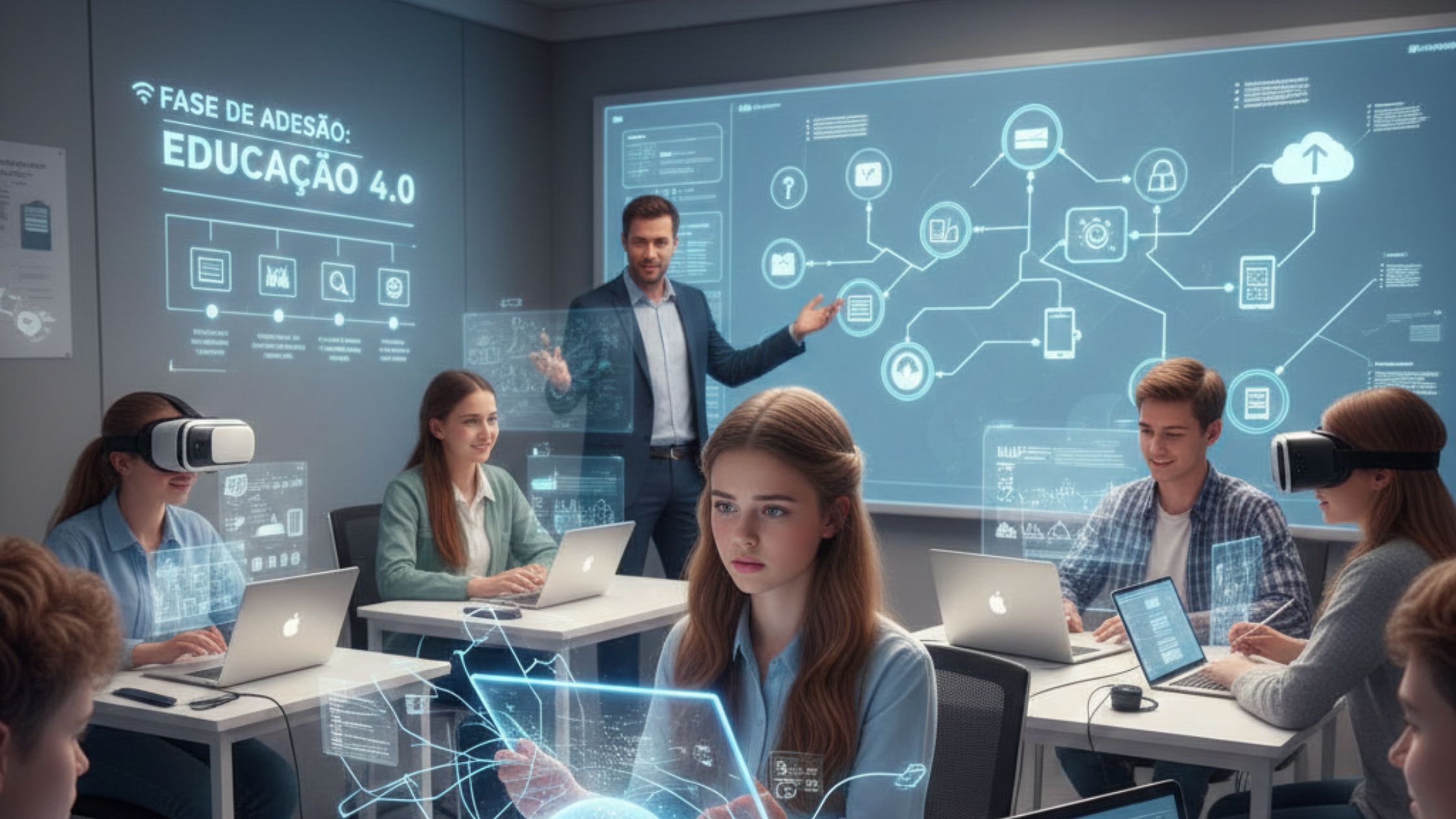 Jovem estudante assistindo a uma aula online em um laptop, com cadernos e materiais de estudo espalhados em uma mesa, representando o ensino a distância ou home office.