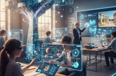 Sala de aula futurista com alunos usando tablets interativos e uma professora apresentando conteúdo em um grande painel digital, simbolizando a transformação digital na educação.