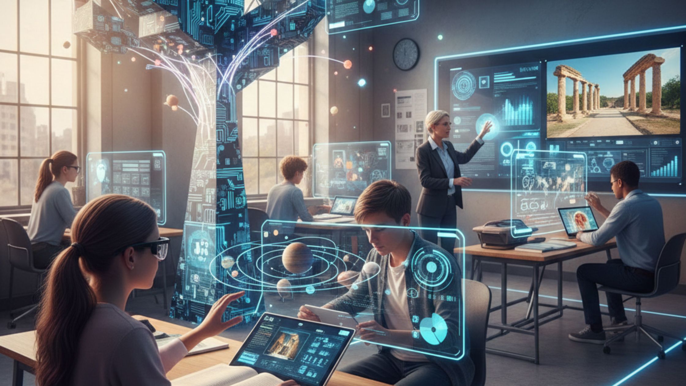 Sala de aula futurista com alunos usando tablets interativos e uma professora apresentando conteúdo em um grande painel digital, simbolizando a transformação digital na educação.
