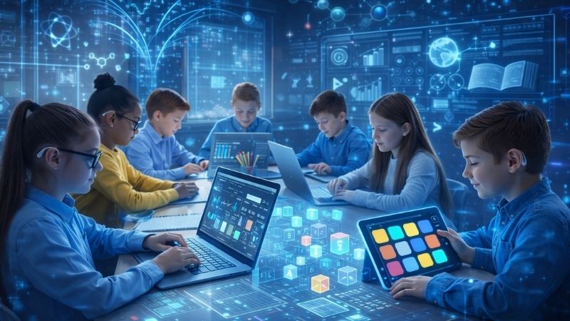 Sala de aprendizagem digital futurista com crianças utilizando laptops e tablets, interagindo com interfaces holográficas, gráficos e elementos visuais tecnológicos que representam experiências digitais de aprendizagem, educação mediada por tecnologia e inovação pedagógica.