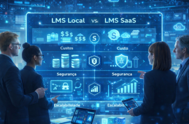 Gestores educacionais e líderes de TI analisando um painel digital comparativo entre LMS Local e LMS SaaS, avaliando custos, segurança e escalabilidade em projetos de e-learning.