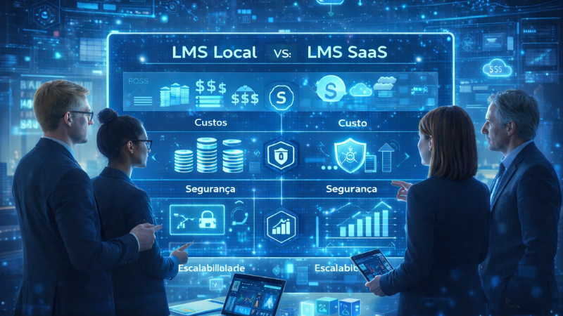 Gestores educacionais e líderes de TI analisando um painel digital comparativo entre LMS Local e LMS SaaS, avaliando custos, segurança e escalabilidade em projetos de e-learning.