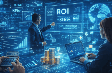 ALT TXT: Ilustração digital futurista representando a análise de ROI em projetos de e-learning, com profissionais a interagir com painéis holográficos de dados, gráficos de desempenho, KPIs e indicadores financeiros, simbolizando a mensuração do valor estratégico da educação digital.